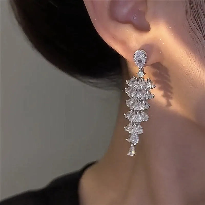 Silver pagoda colour Christmas tree drop earrings with sparkling zircon crystals and stud backs