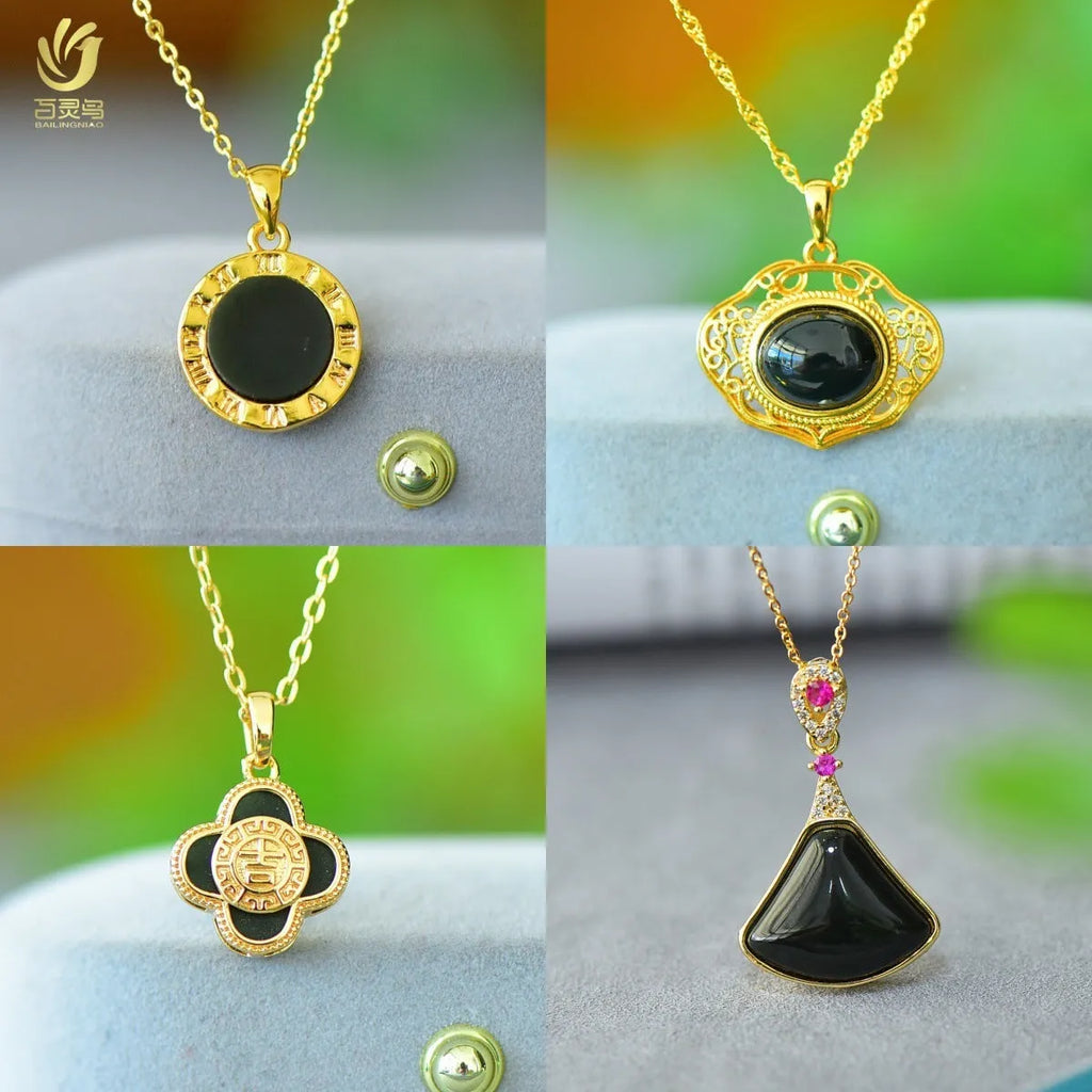 Natural gray Hetian jade pendant with copper inlay detailing on necklace
