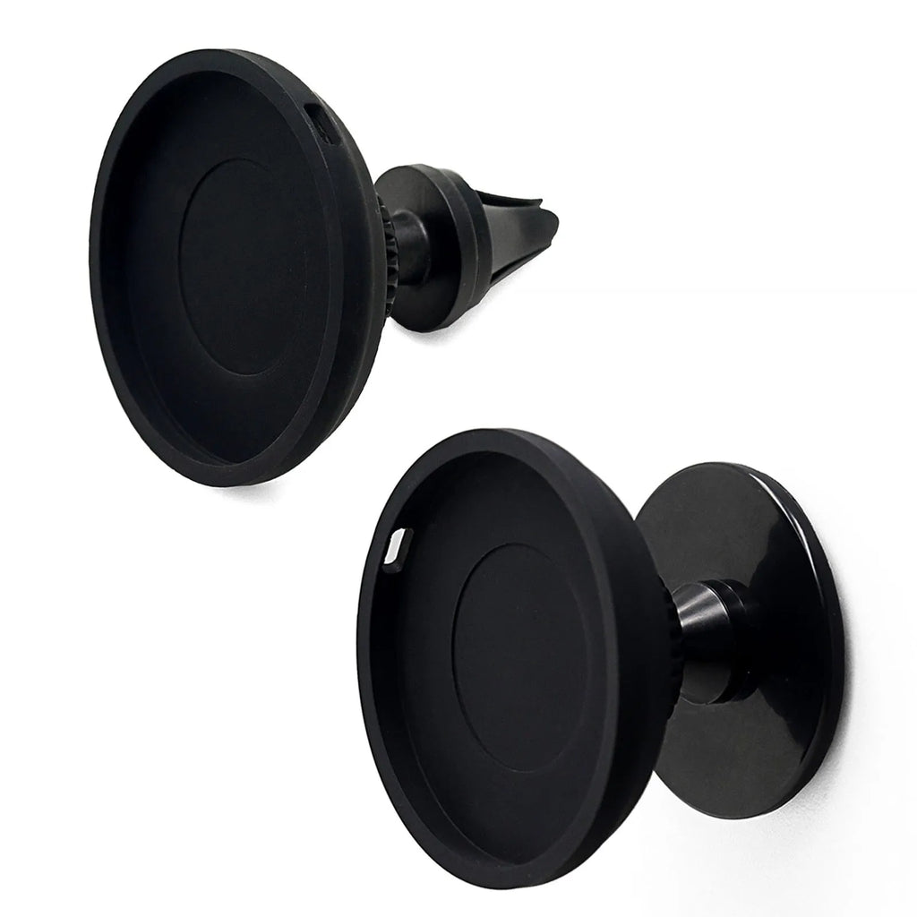 Black car magnetic mobile phone holder mounted on vehicle dashboard