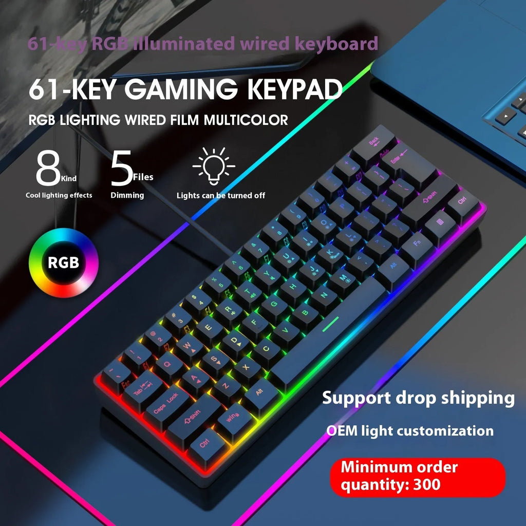 Compact RGB keyboard with wired USB cable and ABS casing, 30x11x2.5cm, in black with backlit keys
