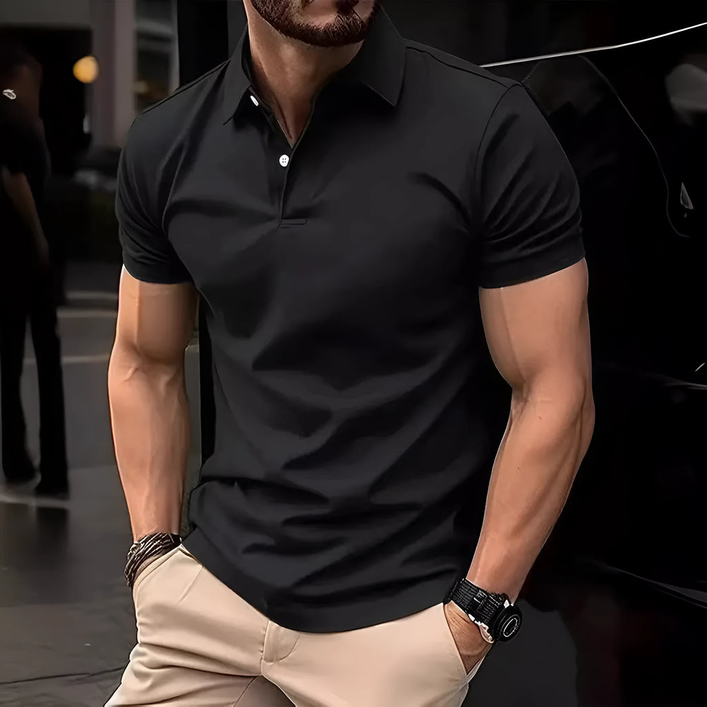 Men's slim fit cotton blend short sleeve button-up shirt on a hanger, shown in a solid colour.