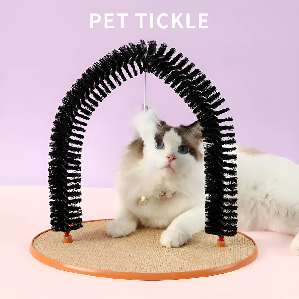 Black plastic cat hair rub anti-itch device with arch brush and attached lanyard mouse toy