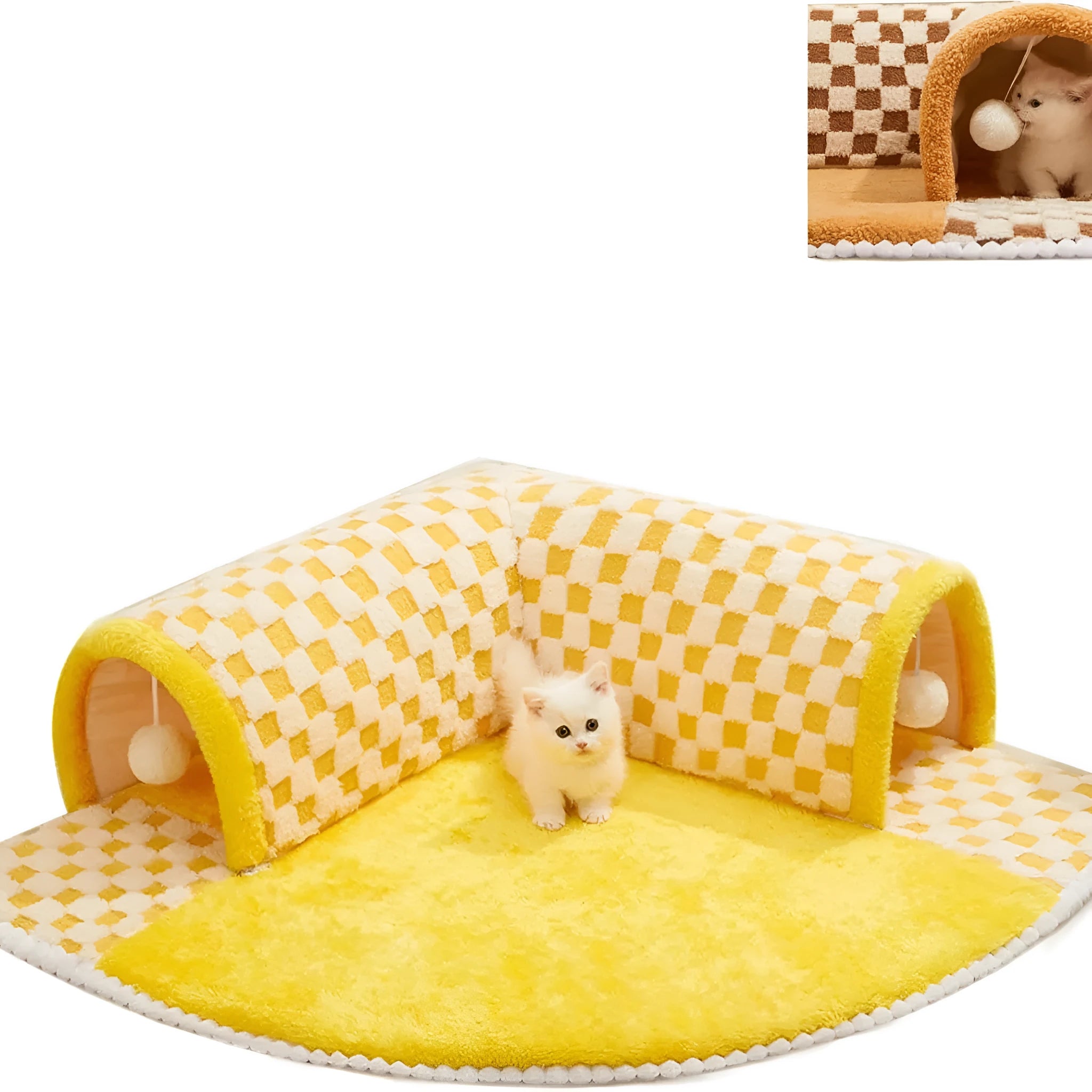 Brown plush plaid cat tunnel bed with a non-slip base on a wooden floor.