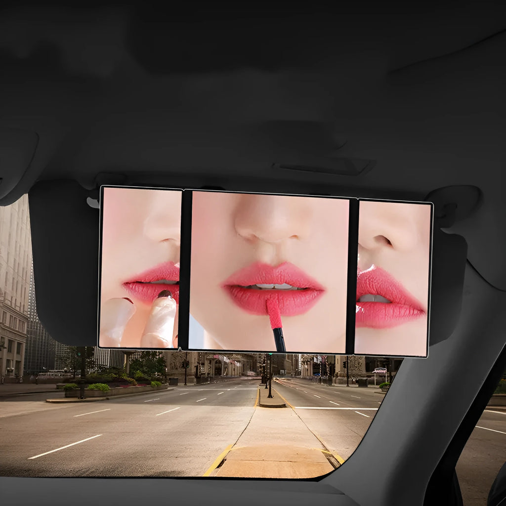 Silver folding car visor makeup mirror shown open and closed on a car sun visor