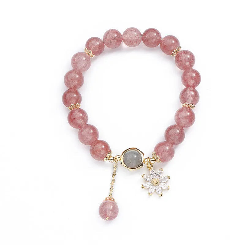 Strawberry quartz crystal bracelet with floral bead designs in Korean Mori style