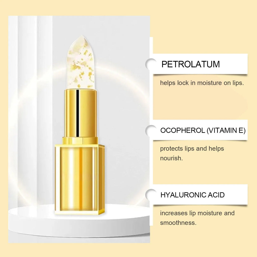 Gold foil discoloration nourishing lipstick in a square silver case, showing the 3.5g bullet.
