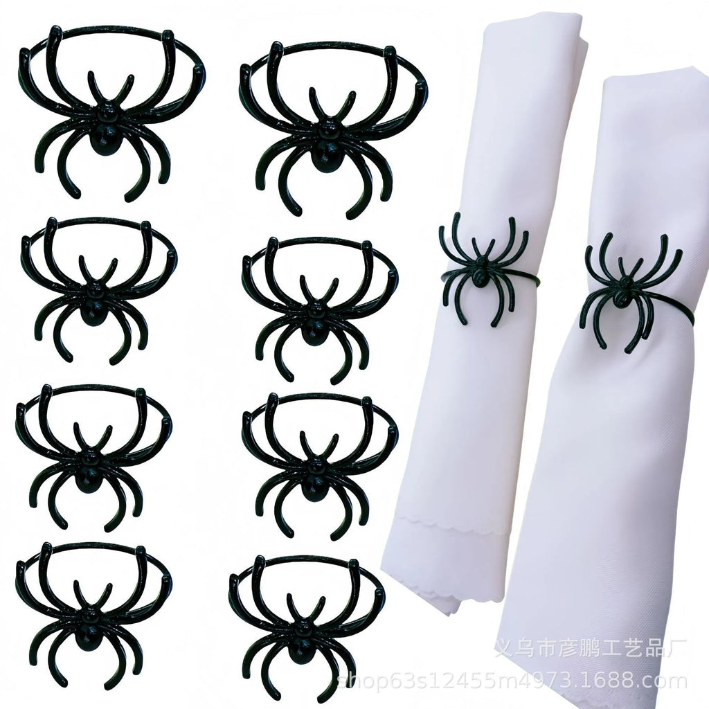 Six black spider-shaped alloy metal napkin rings for Halloween table decoration