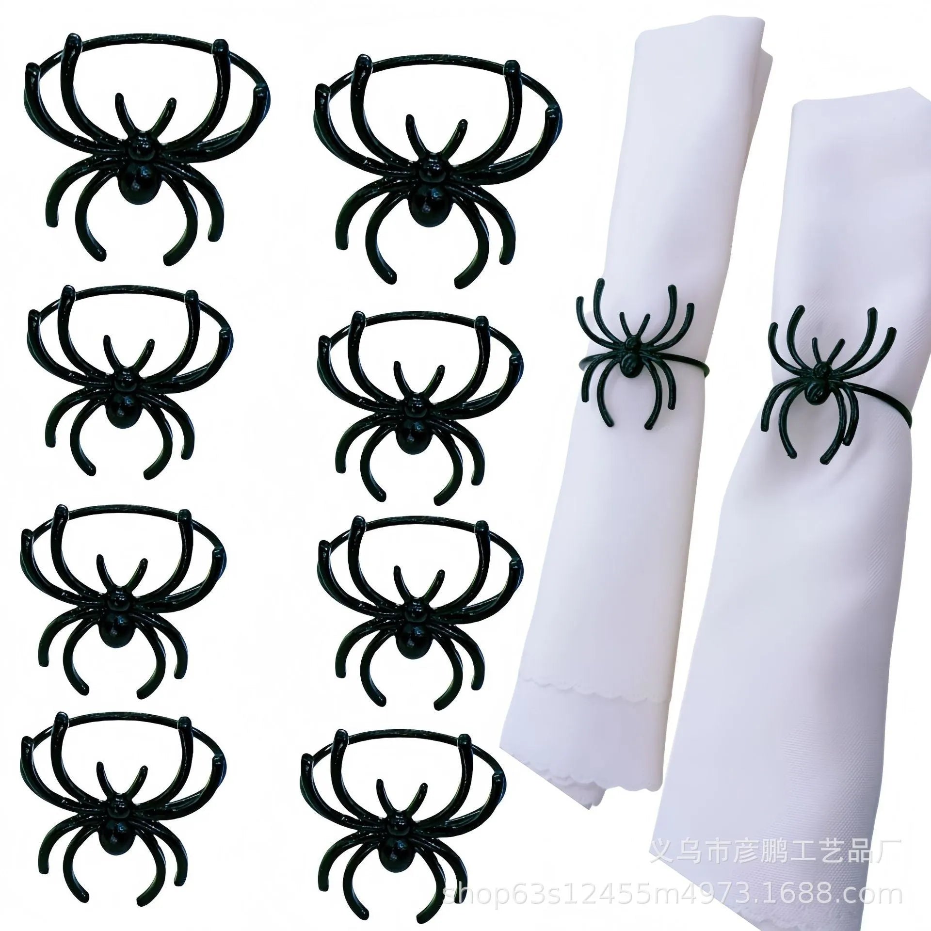 Six black spider-shaped alloy metal napkin rings for Halloween table decoration