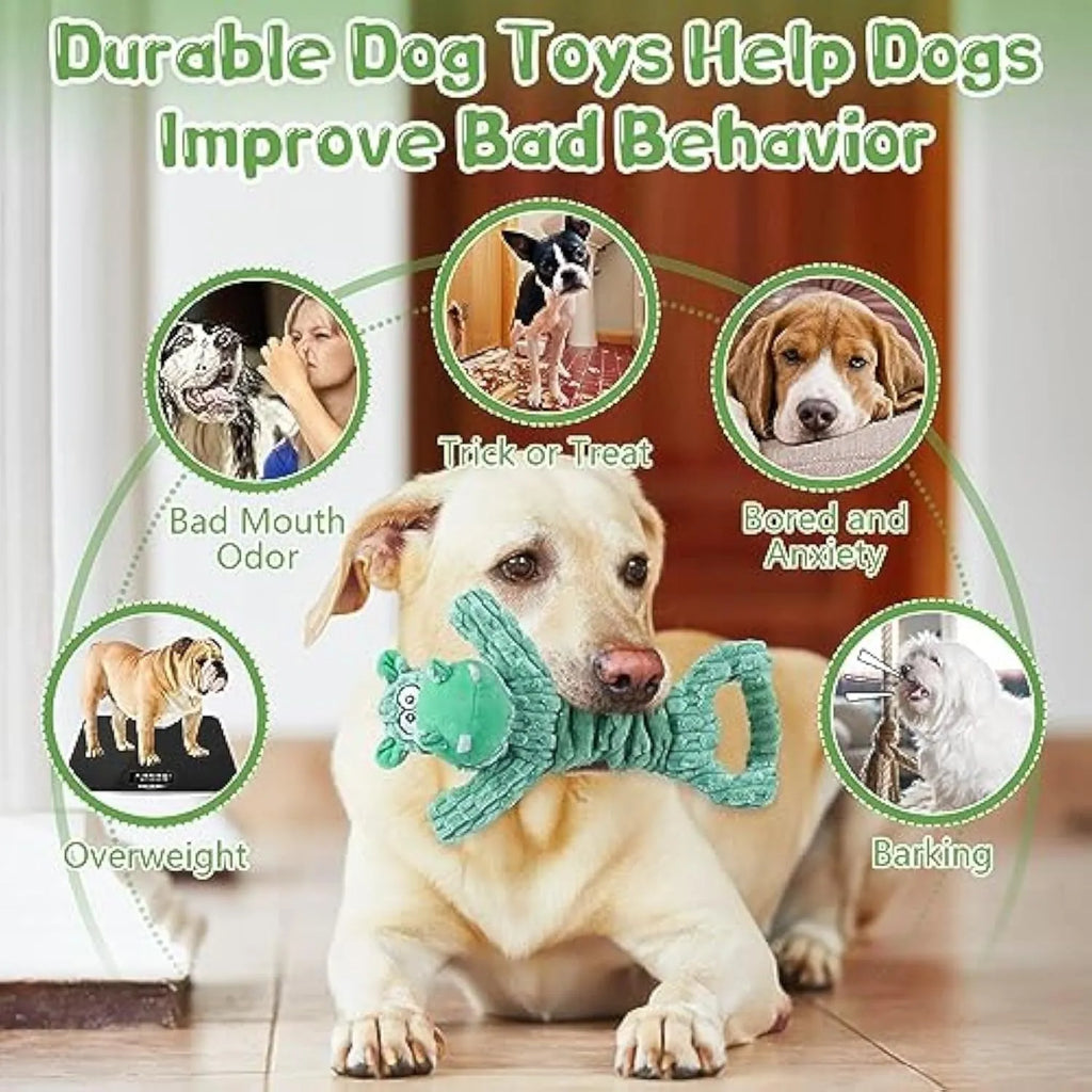 Large plush squeaky dog toy with handle, shown in hippo and monkey designs