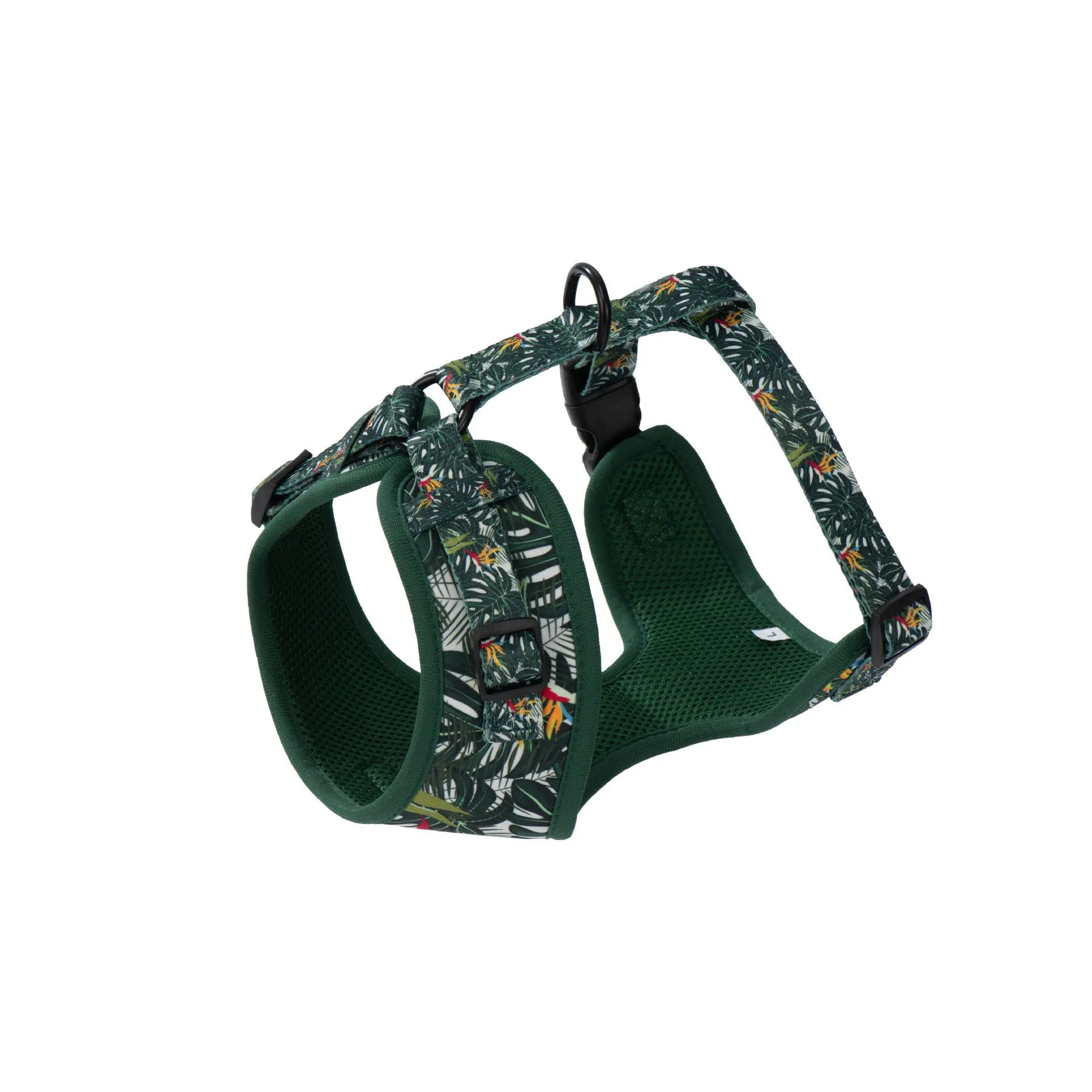 Adjustable cloth vest dog harness set with haulage rope, collar, bow tie, scarf, and pick-up bag in various colours.