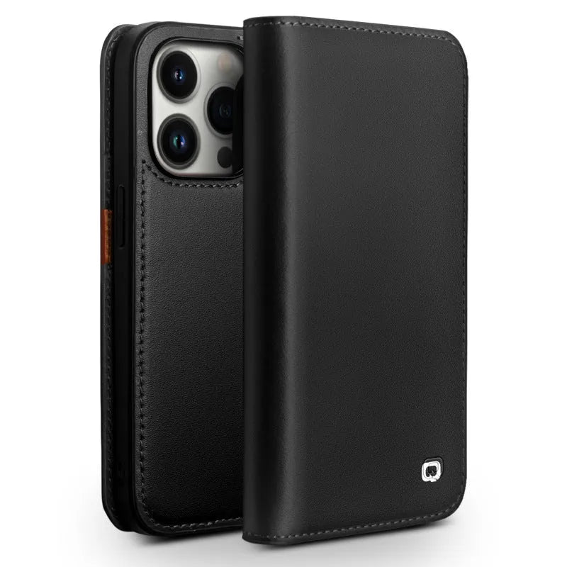 Genuine leather flip cover for iPhone 14 with anti-drop protection, black colour