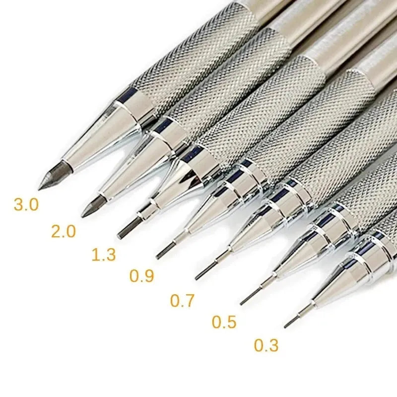 Metal automatic mechanical pencil with five lead size options and 2B graphite refills