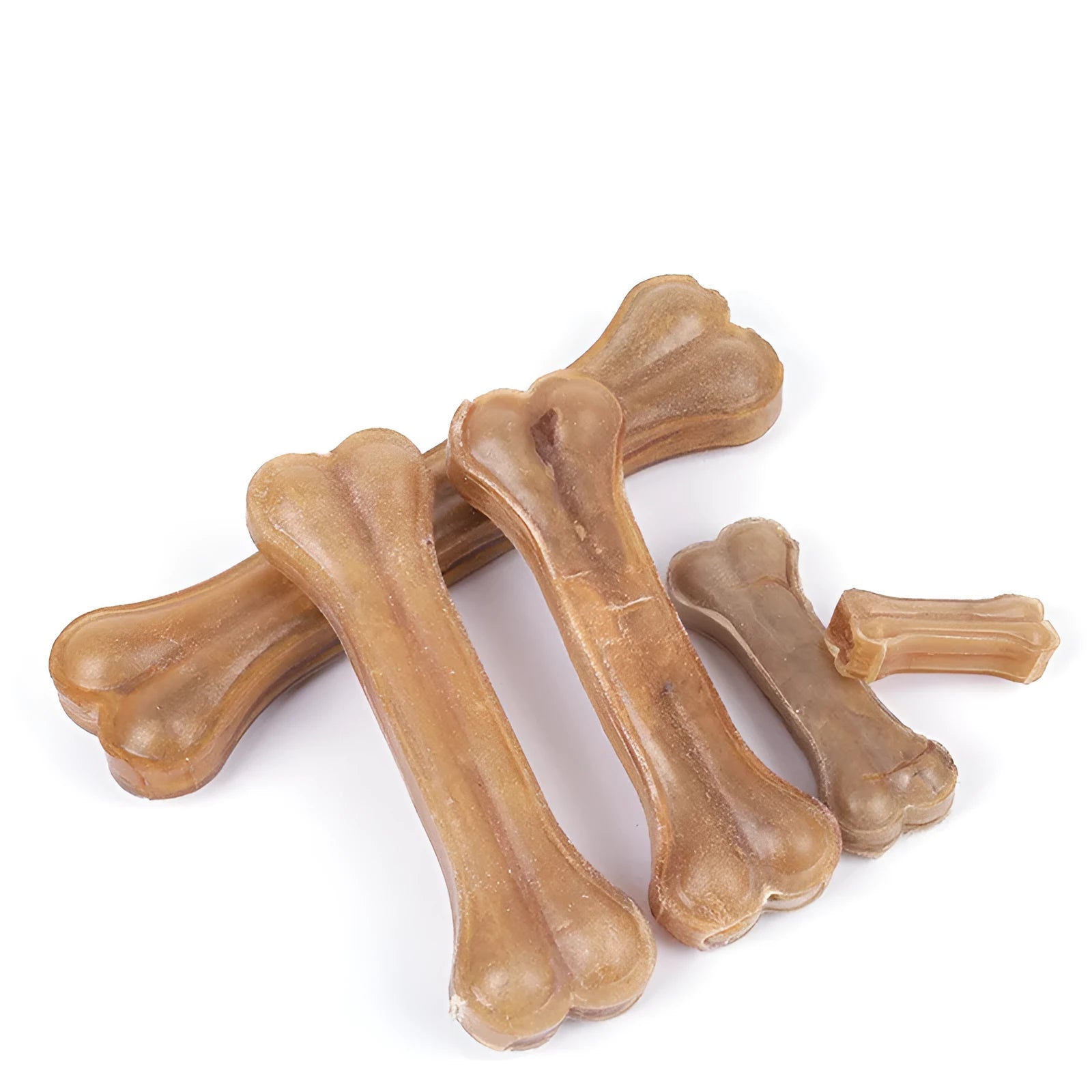 Buffalo leather dog chew stick laid flat, showing natural hide texture and bone-like shape
