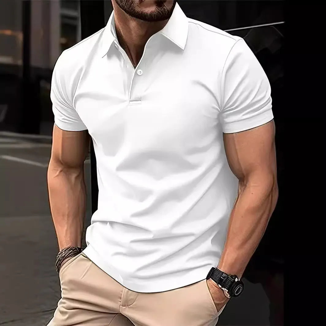 Men's slim fit cotton blend short sleeve button-up shirt on a hanger, shown in a solid colour.