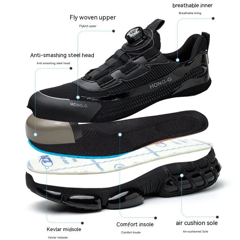 Low-top lightweight work safety shoes with laces in black, grey, or blue, featuring a steel toe cap.