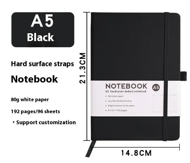 A5 PU leather strap notebook with horizontal lines available in marble and skin-feeling colours like black, blue, and gold