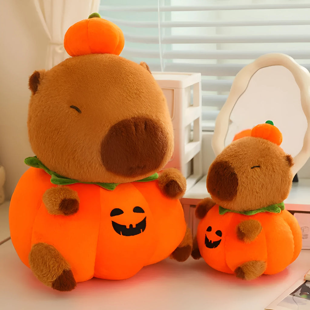 Cute Cappie Baran Melon capybara plush toy in pumpkin colour on a plain background