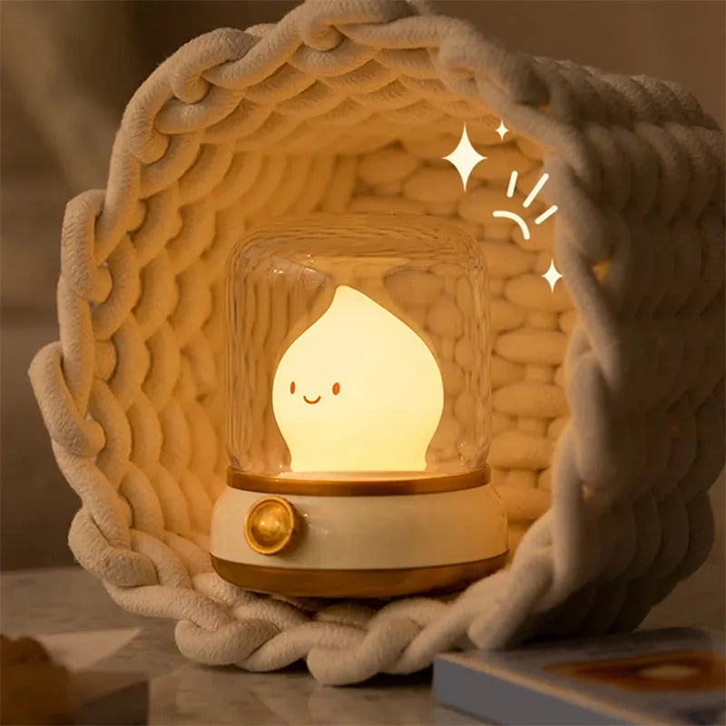 Retro small USB rechargeable night lamp with adjustable warm light on bedside table, compact 100x108x124mm size