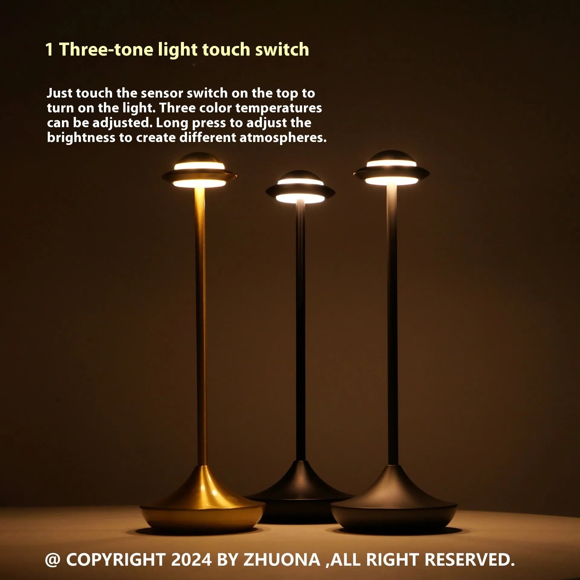 Rechargeable UFO desk lamp with metallic construction in gold, grey or black with touch dimming controls