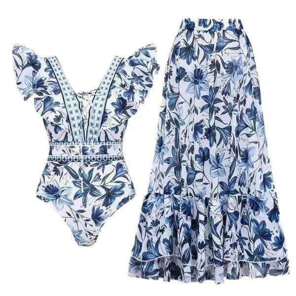 Women's ethnic style printed polyester chiffon round skirt v-neck swimsuit set with double-shoulder design