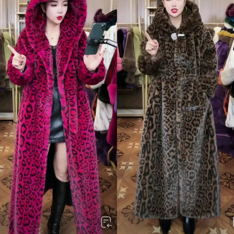 Plus size brown leopard print faux fur long coat on a hanger