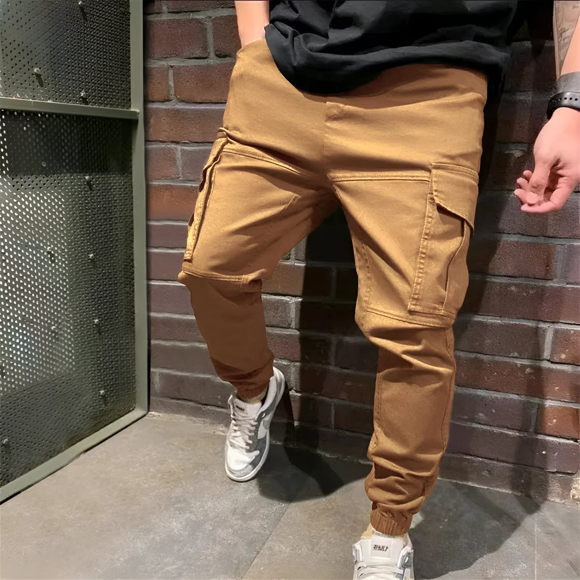 Mens casual cargo trousers, solid colour, mid-waist, with pockets, free ironing fabric, small feet opening