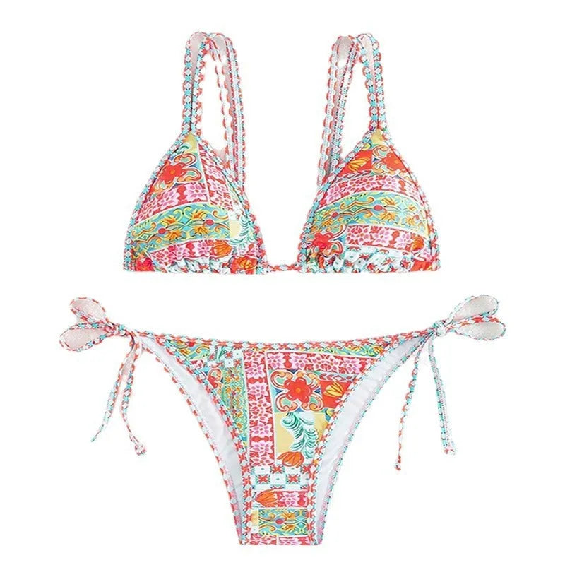 Women's lace-up back swimsuit with split cut design in picture colour
