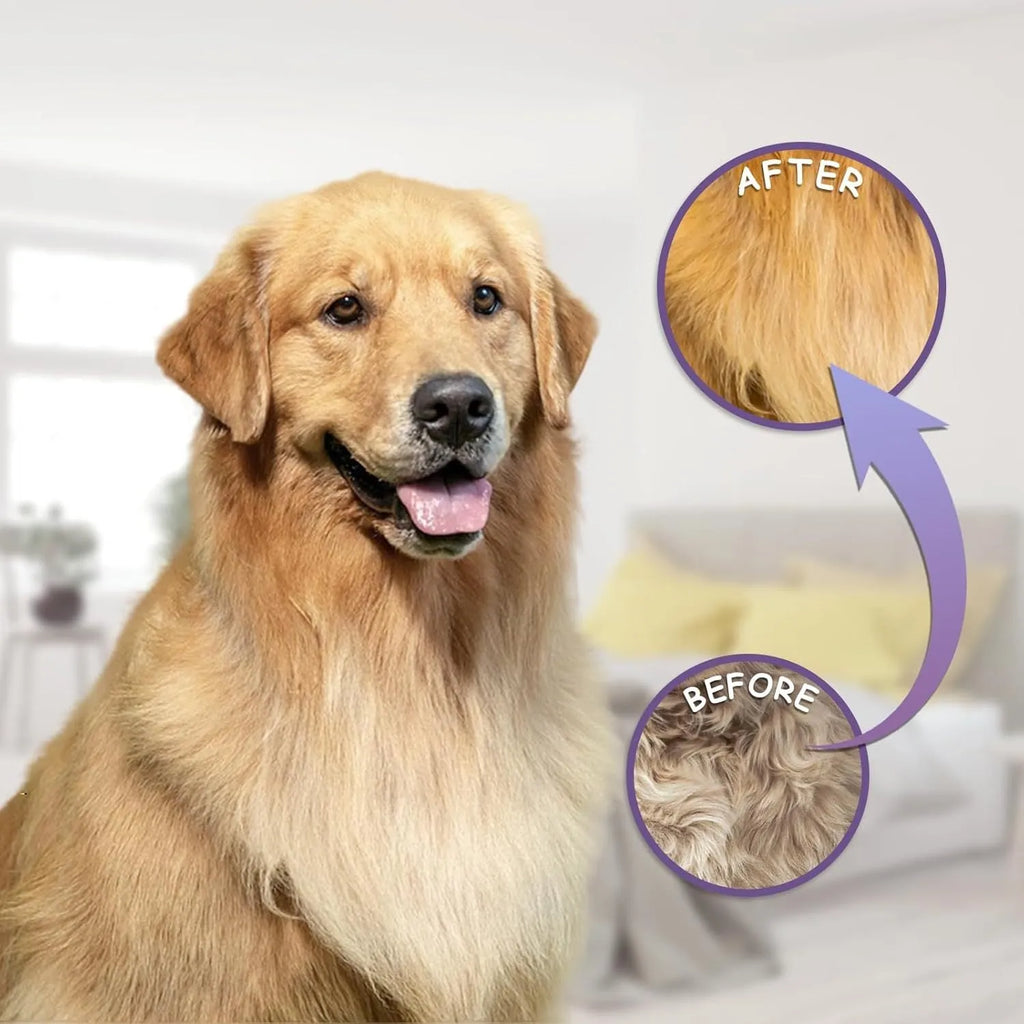 Purple pet grooming comb with stainless steel teeth and ergonomic handle for dog and cat grooming
