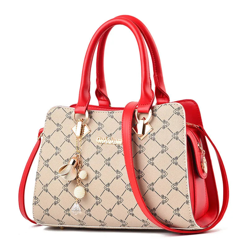 Women's geometric pattern messenger bag in PU material with zipper closure and internal compartments