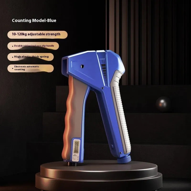 Adjustable hand gripper strength trainer with mechanical counter display in black.
