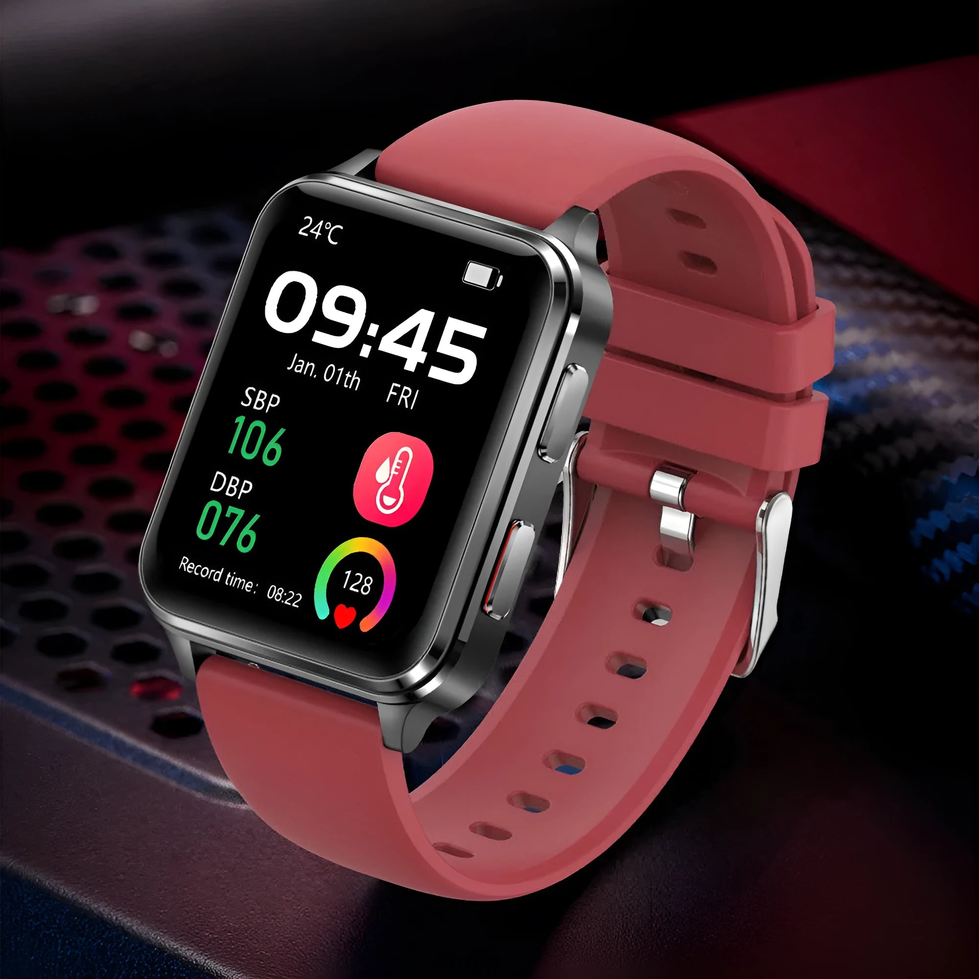 Multi-sport smart watch with blue silicone wristband and 1.7-inch touchscreen displaying heart rate data