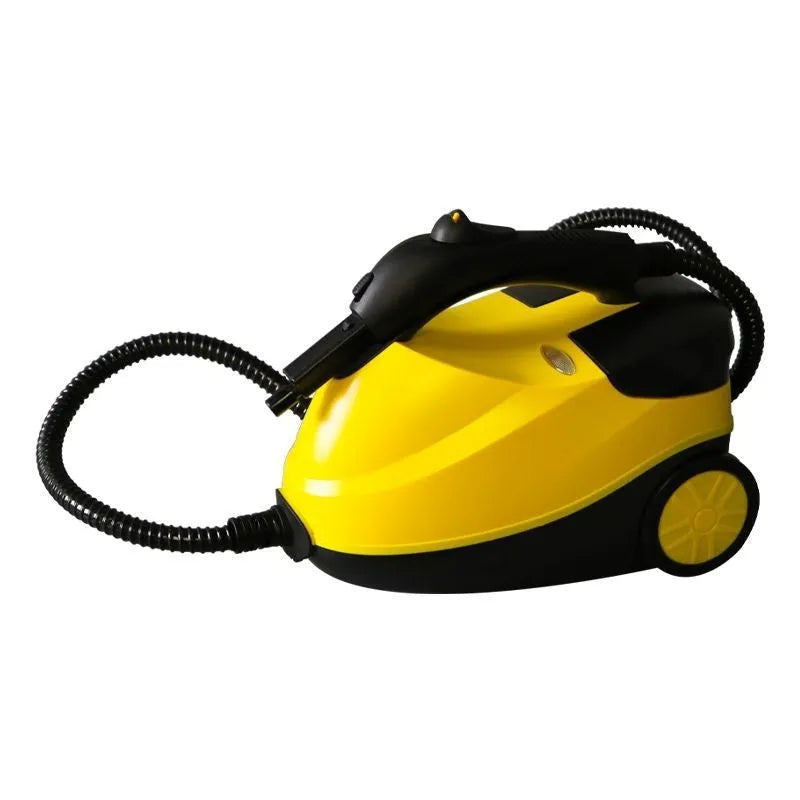 Yellow handheld steam cleaning machine with copper and plastic body on plain background