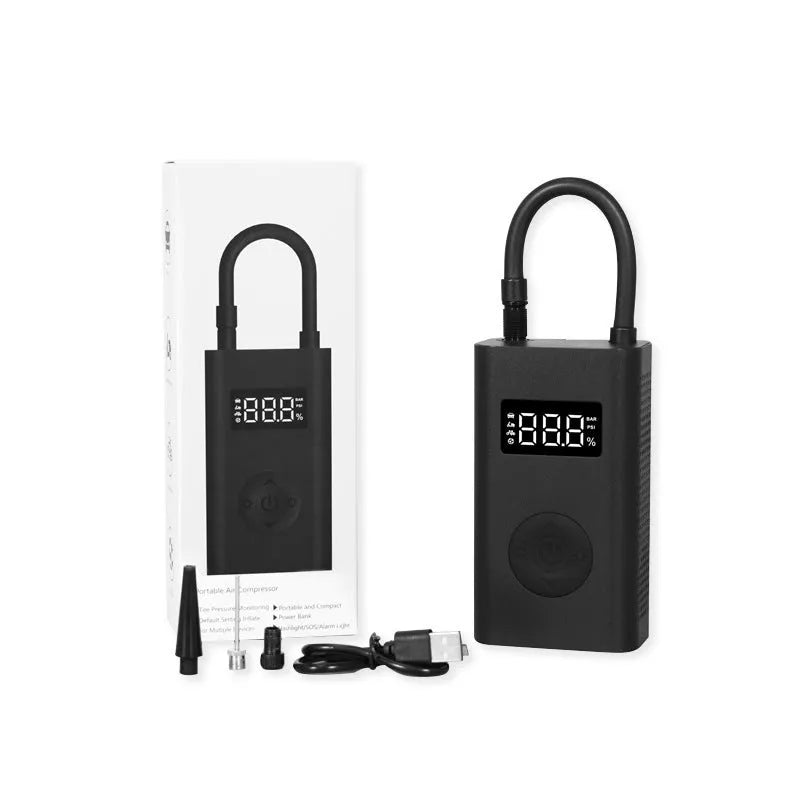 Black wireless car air pump with LED light and power bank function, 150psi, 25L/min airflow, USB charging, compact 127x71x45mm