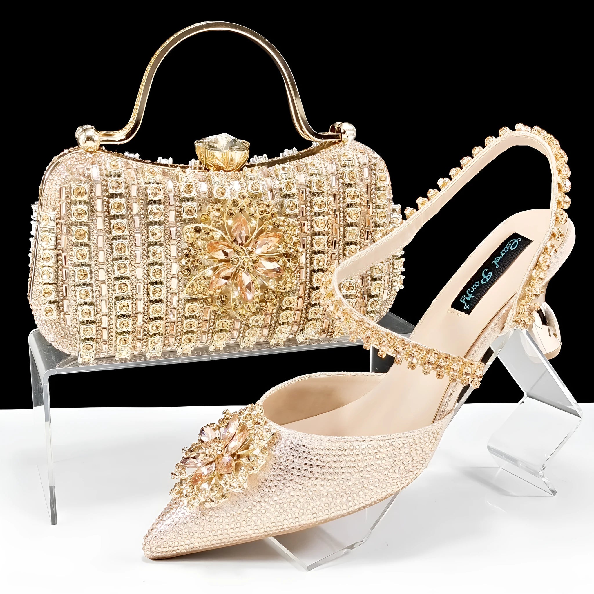 Women's floral high heel shoes with matching clutch bag featuring rhinestones and ankle chain