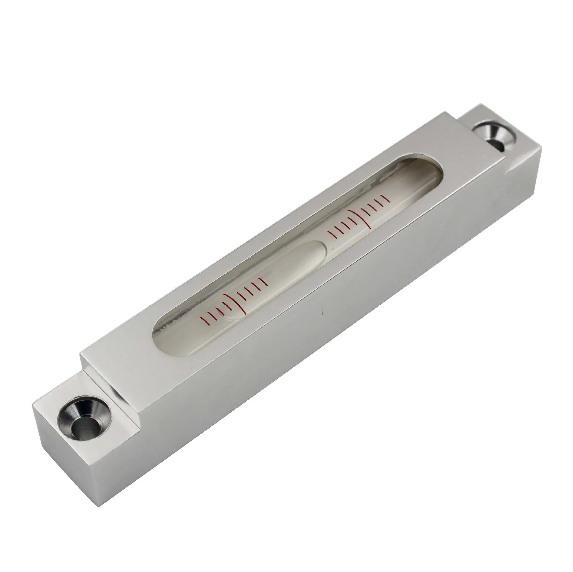 Metal and glass mini strip level showing bubble vials with 132mm length for machine tool measurement