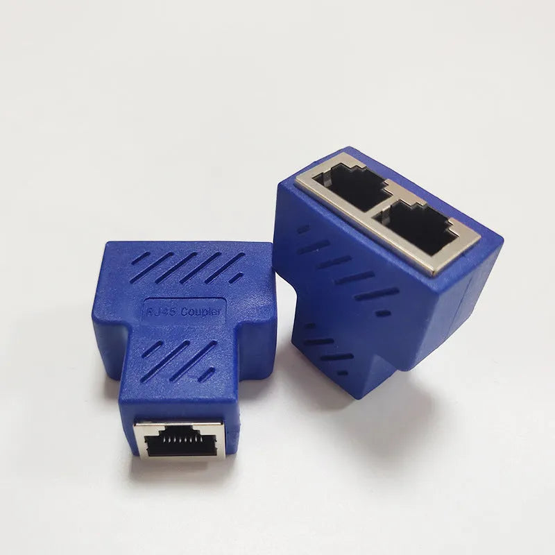 White RJ45 network cable splitter showing one male plug and two female Ethernet ports.