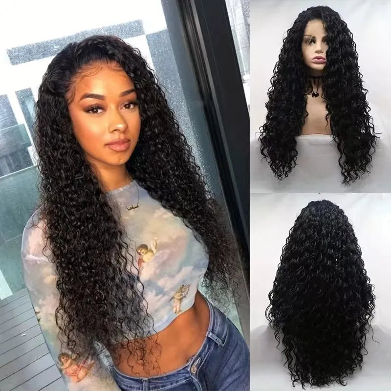 Fluffy big wave half headgear wig in a dark colour with long curly hair and side bangs
