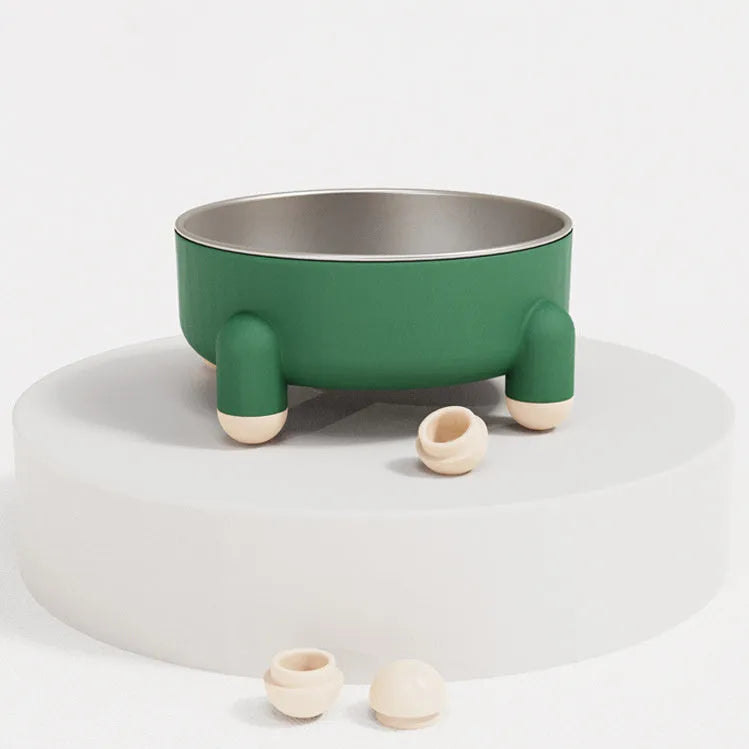 Green high-footed non-slip stainless steel bowl for dogs and cats on a floor.