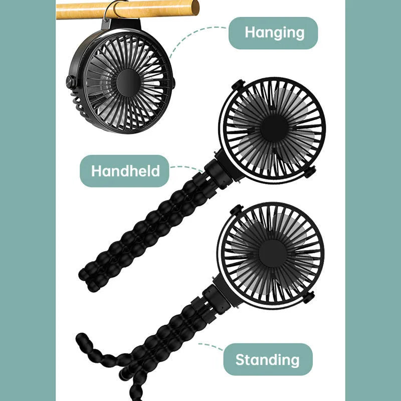 Black 2000mAh flexible tripod clip on fan with 3 speeds and USB charging on a white background
