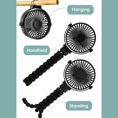 Black 2000mAh flexible tripod clip on fan with 3 speeds and USB charging on a white background