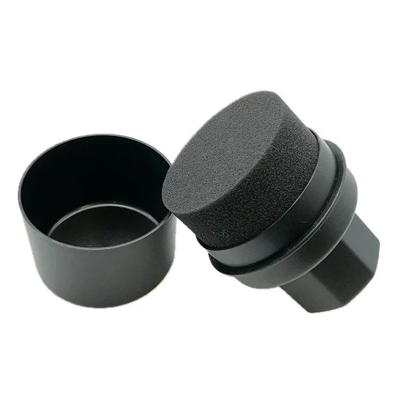 Hand-held car tyre polishing sponge brush with a black high-density sponge and a white PP plastic handle and lid.