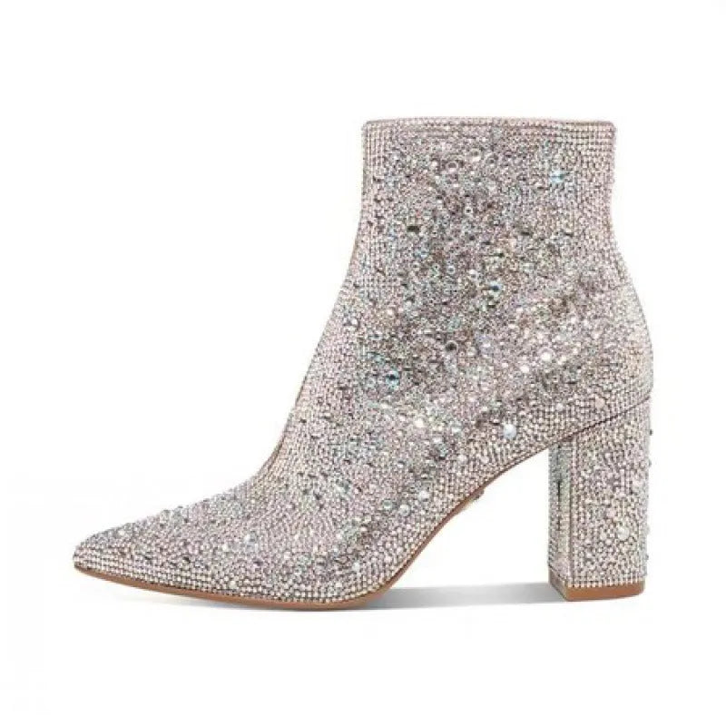 Rhinestone pink suede over-the-knee boots with side zipper and pointed toe
