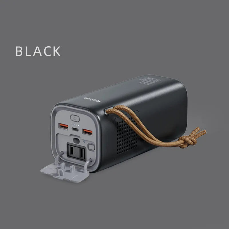 Black portable power bank with 220V AC output and solar charging panel, dimensions 70x70x162mm.