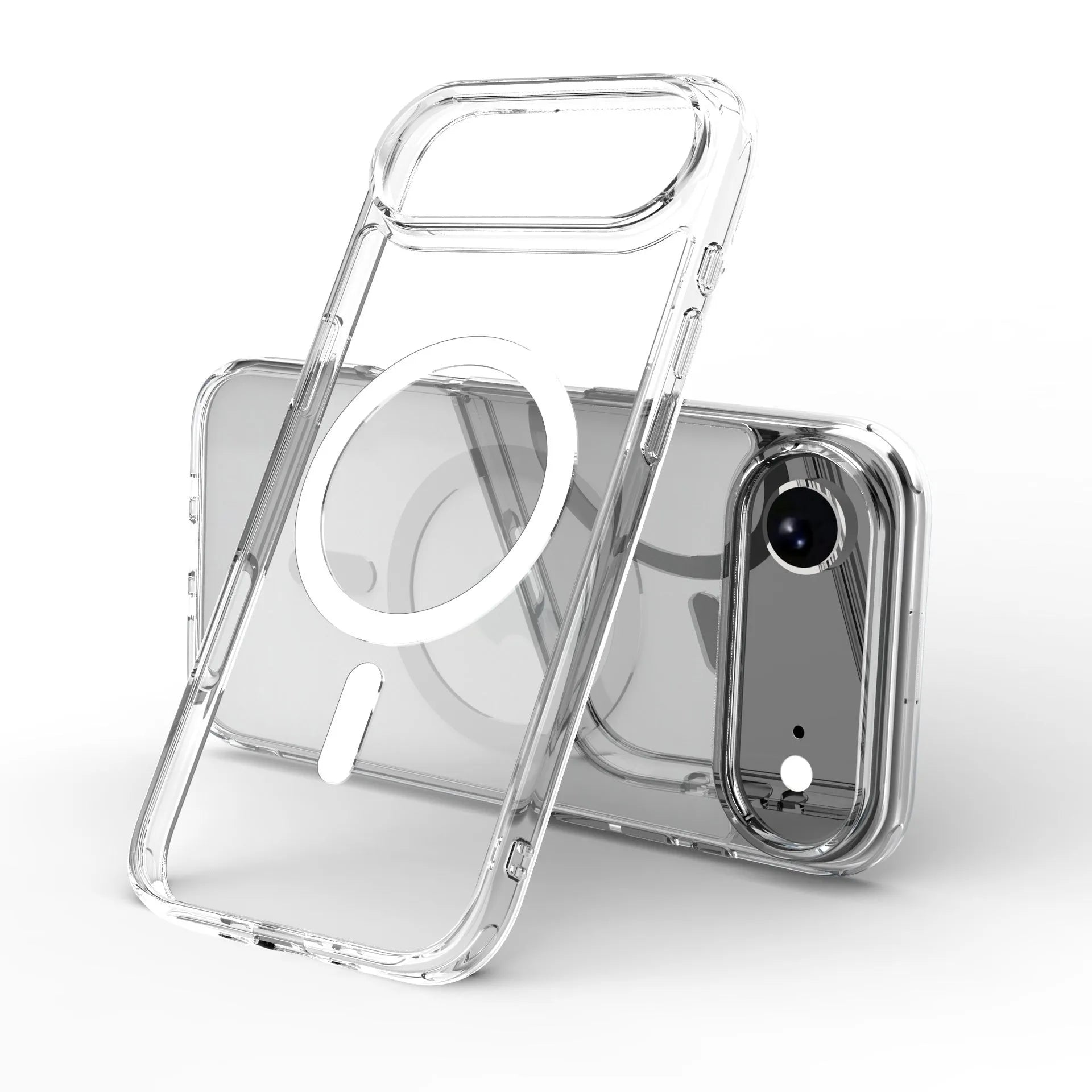 Transparent magnetic TPU composite phone case for iPhone 17, 17 Pro, and 17 Air models.