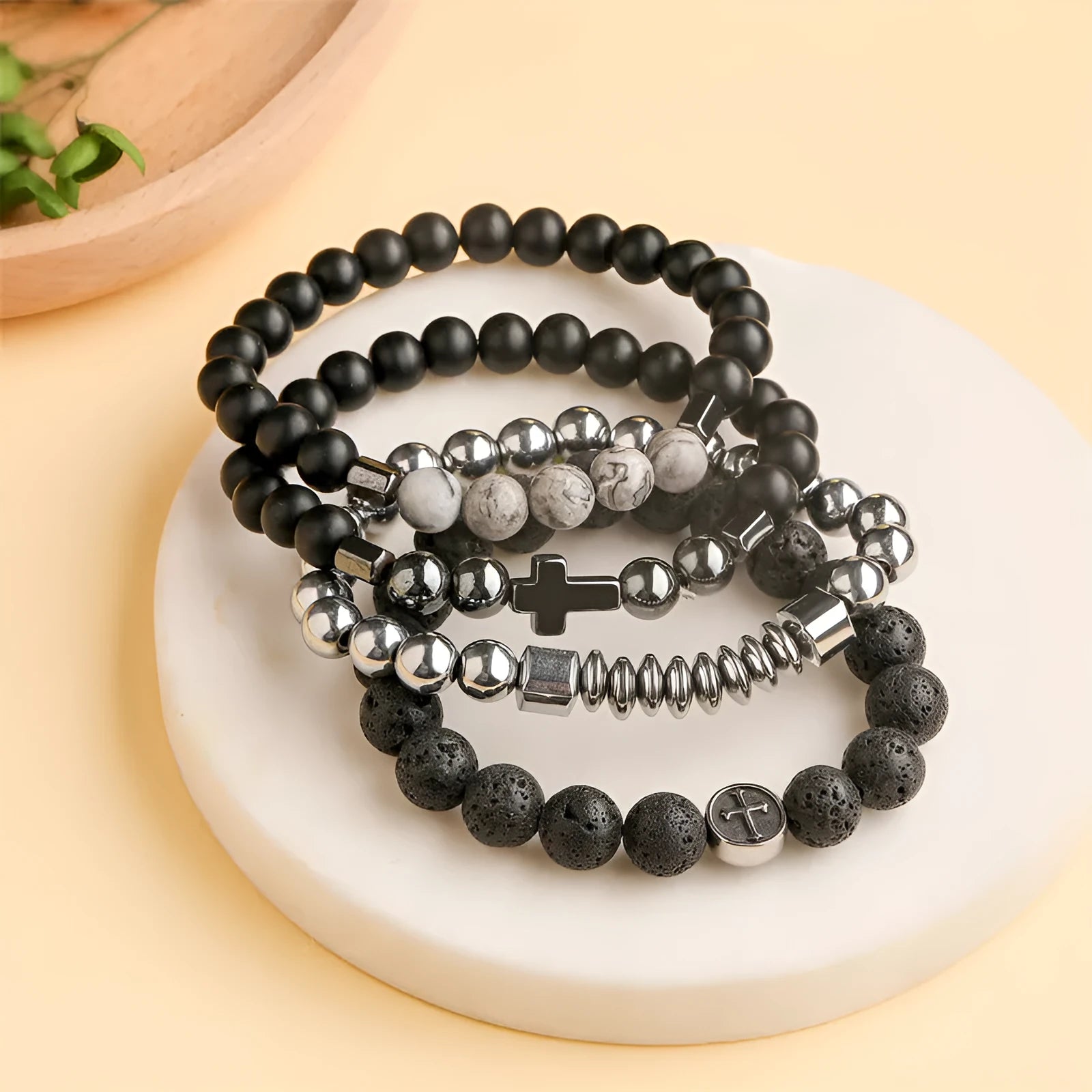 Geometric agate bracelet with volcanic rock colours and stainless steel finish, 19mm diameter
