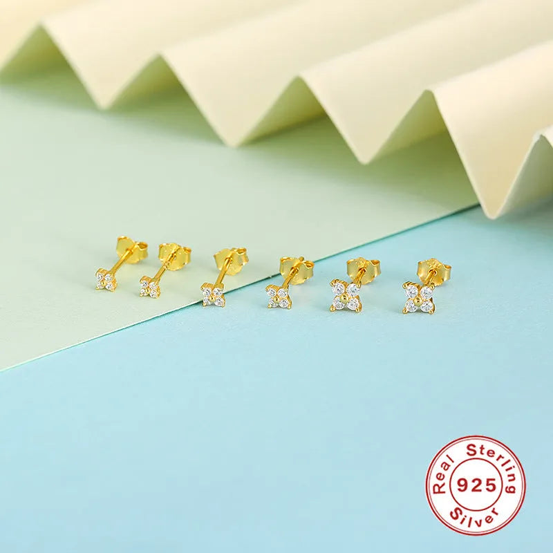 S925 sterling silver petal crystal flowers stud earrings in gold and platinum plating, showing 2.5mm, 3mm, and 4mm sizes