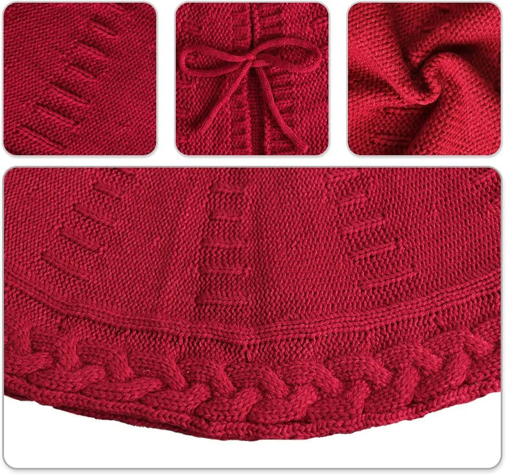 Red knitted wool Christmas tree skirt with 122cm diameter on floor under decorated tree