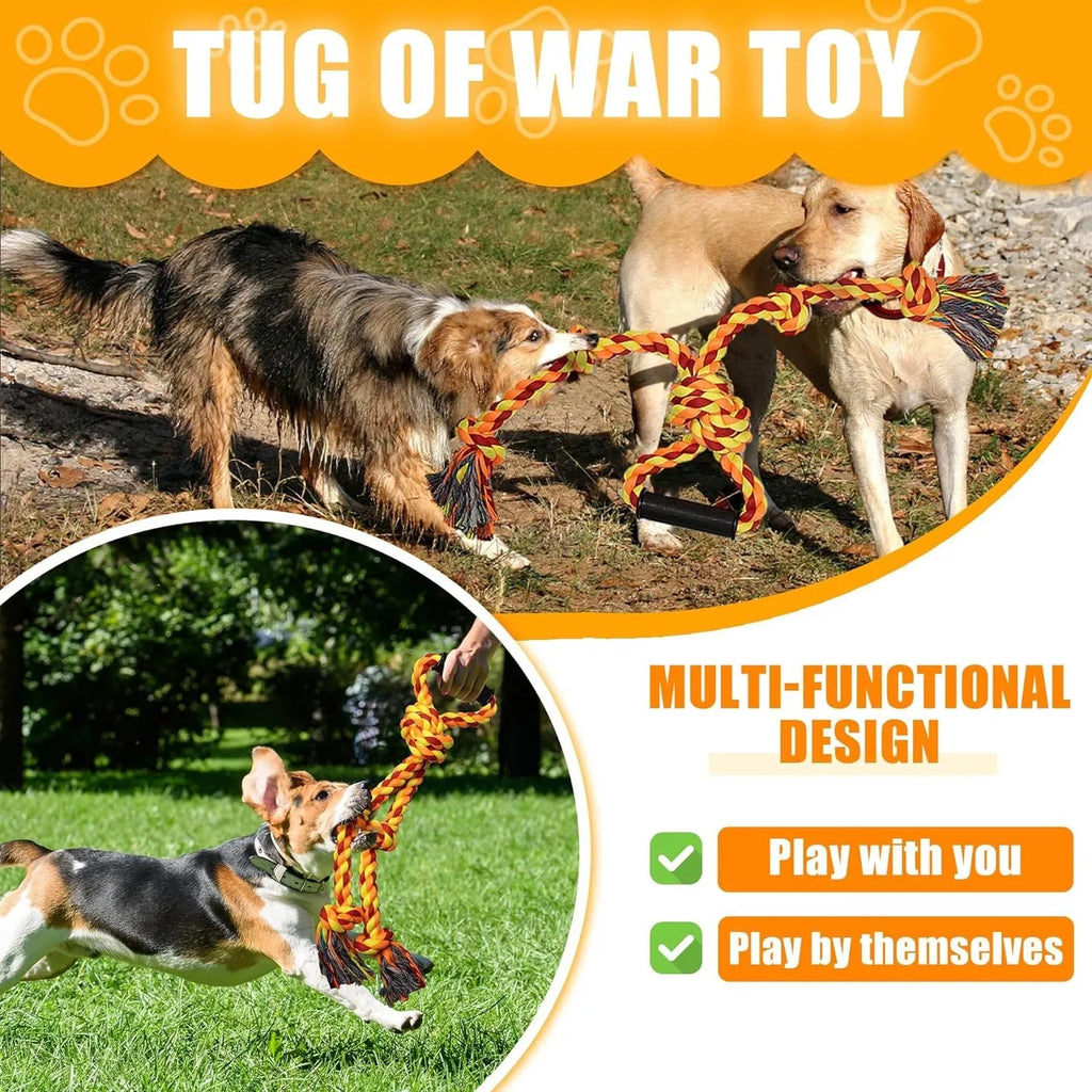 Blue and yellow cotton rope dog tug toy for large breed aggressive chewers with ergonomic handle