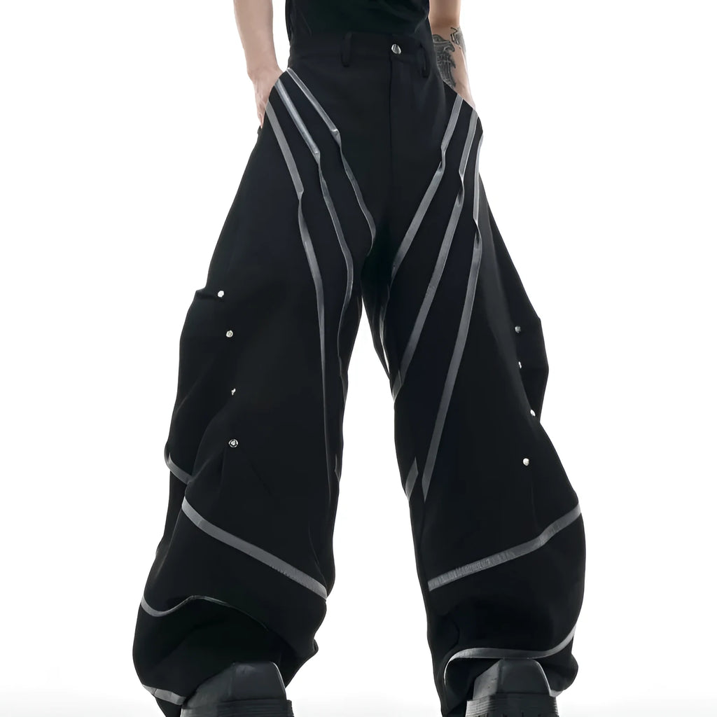 Men's polyester trousers with metal striped rivets and pleated design using three-dimensional cutting techniques