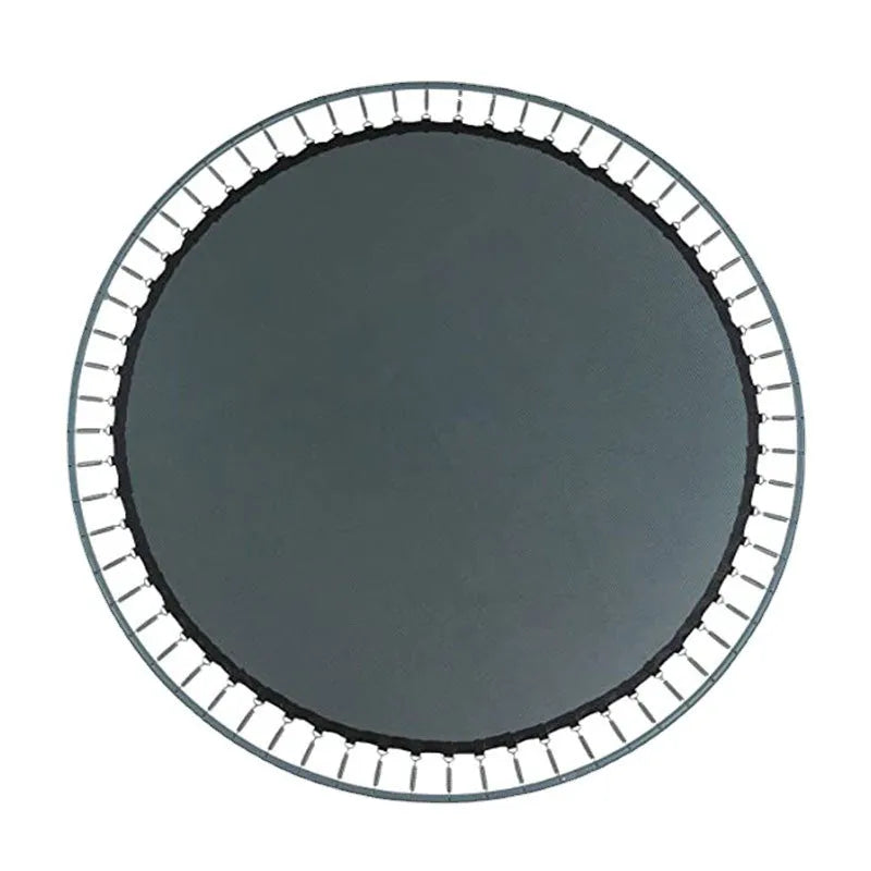 Round elastic trampoline replacement fabric with perimeter buttons for spring attachment.